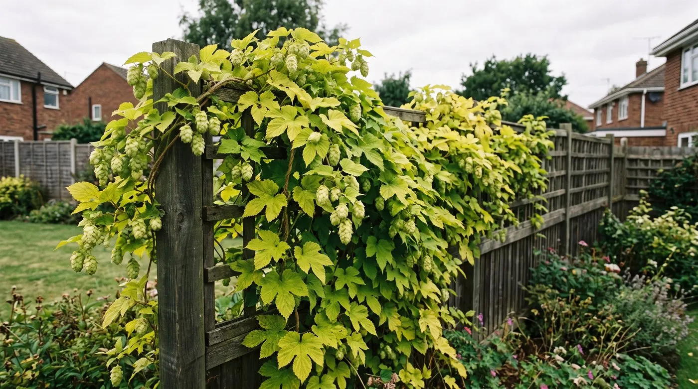 Fast-growing golden hop with lime-green leaves and papery hop flowers covering a fence and trellis