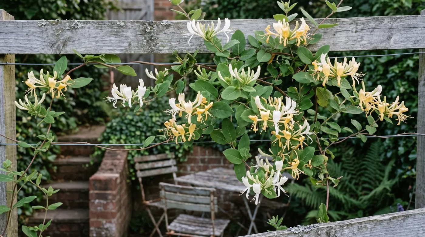 Cream and yellow honeysuckle flowering on a fence in a terraced garden on a summer evening