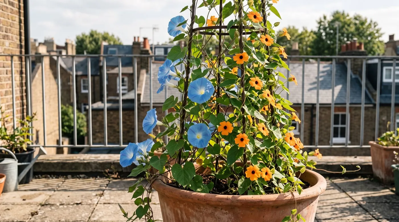 Annual climbers morning glory and black-eyed Susan vine on an obelisk in a pot on a sunny balcony