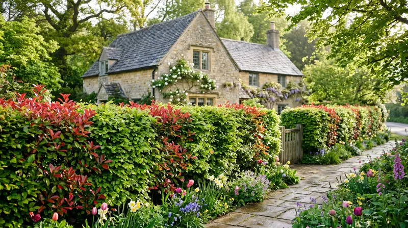 Mature mixed hedge of Photinia Red Robin and beech along a Cotswolds cottage garden boundary in spring