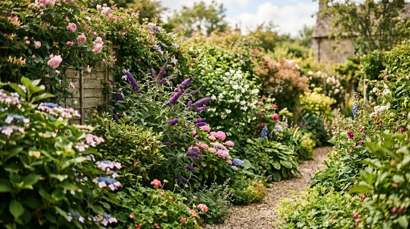 A lush UK garden border filled with established fast-growing shrubs in summer
