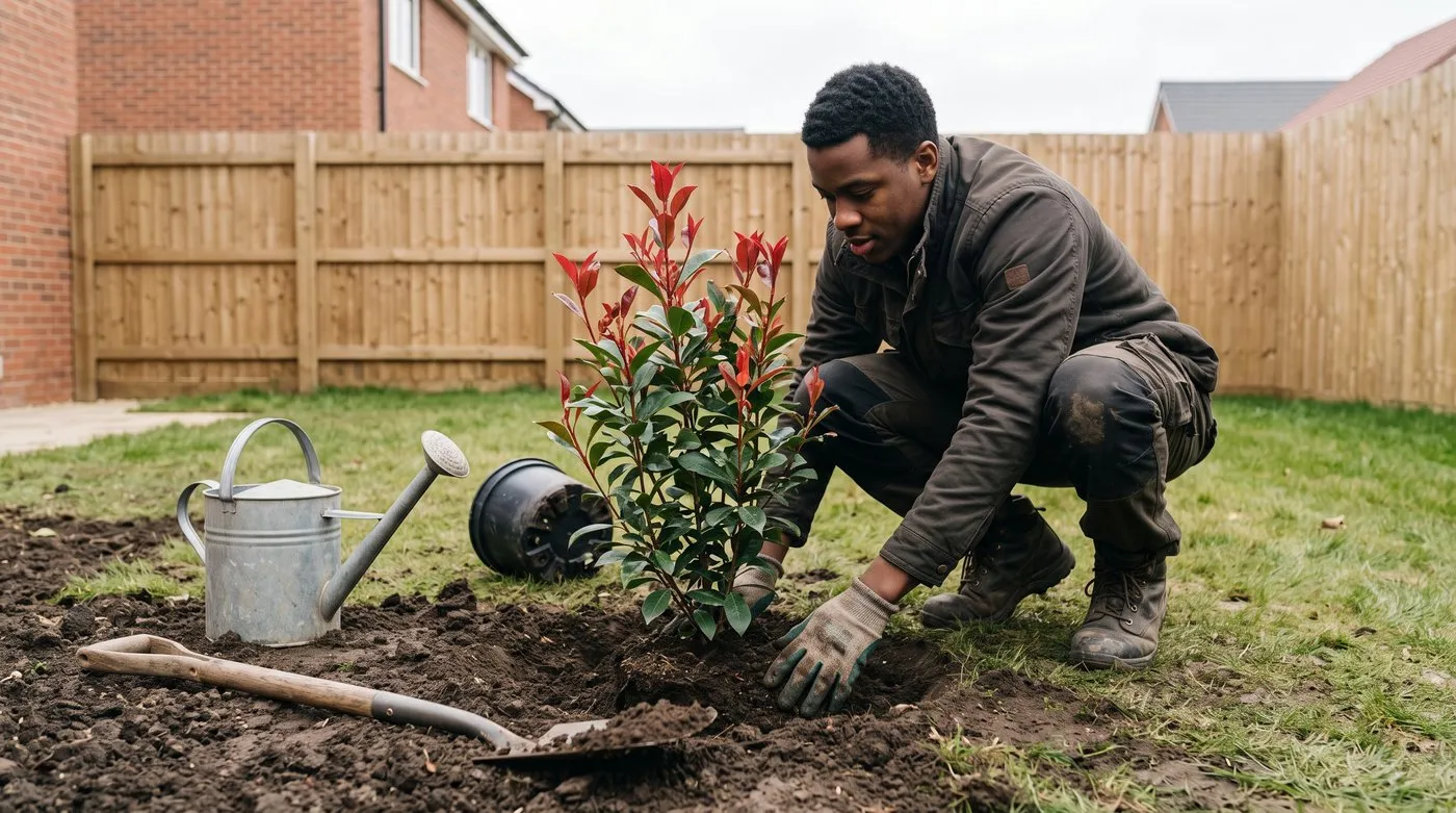 Man firming soil around a newly planted Photinia Red Robin in a new-build garden border