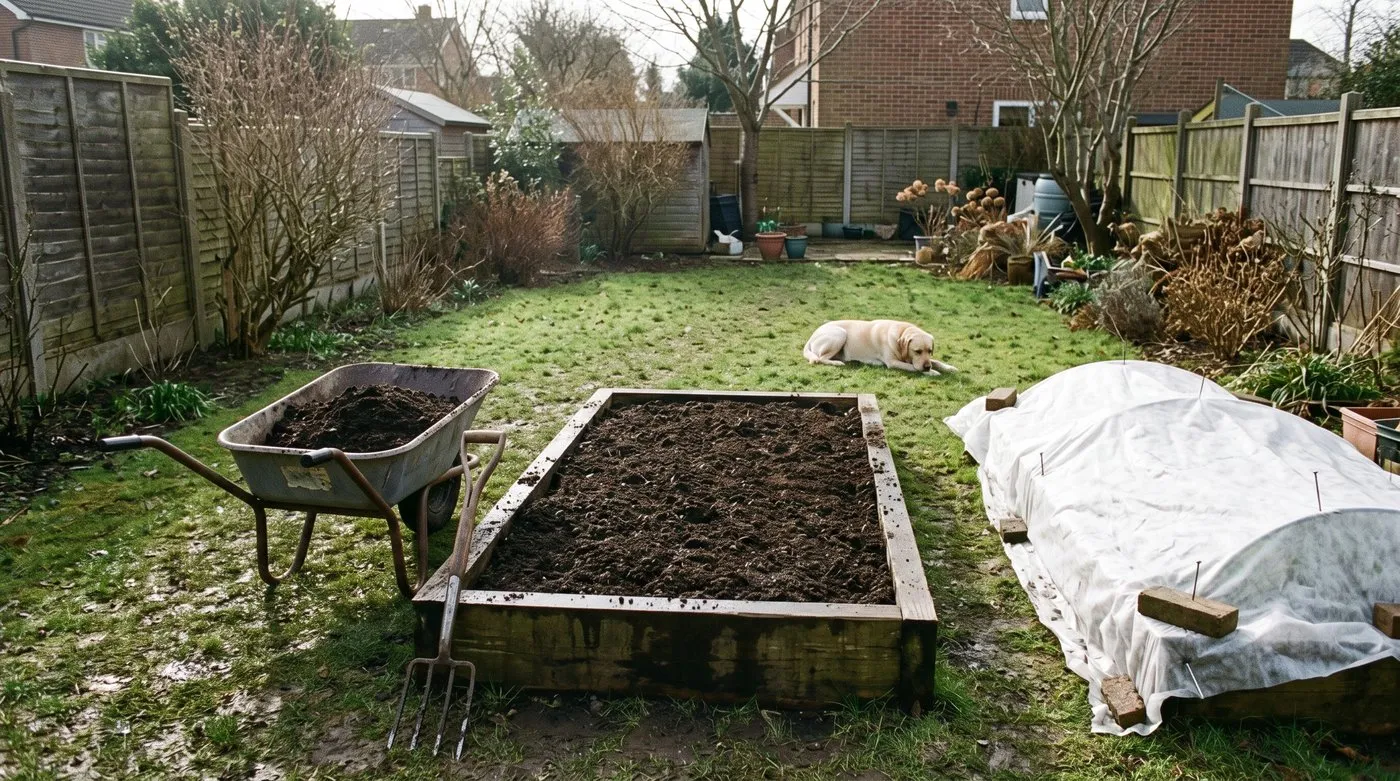 Raised vegetable bed topped with a layer of compost in February, with fleece covering the next bed
