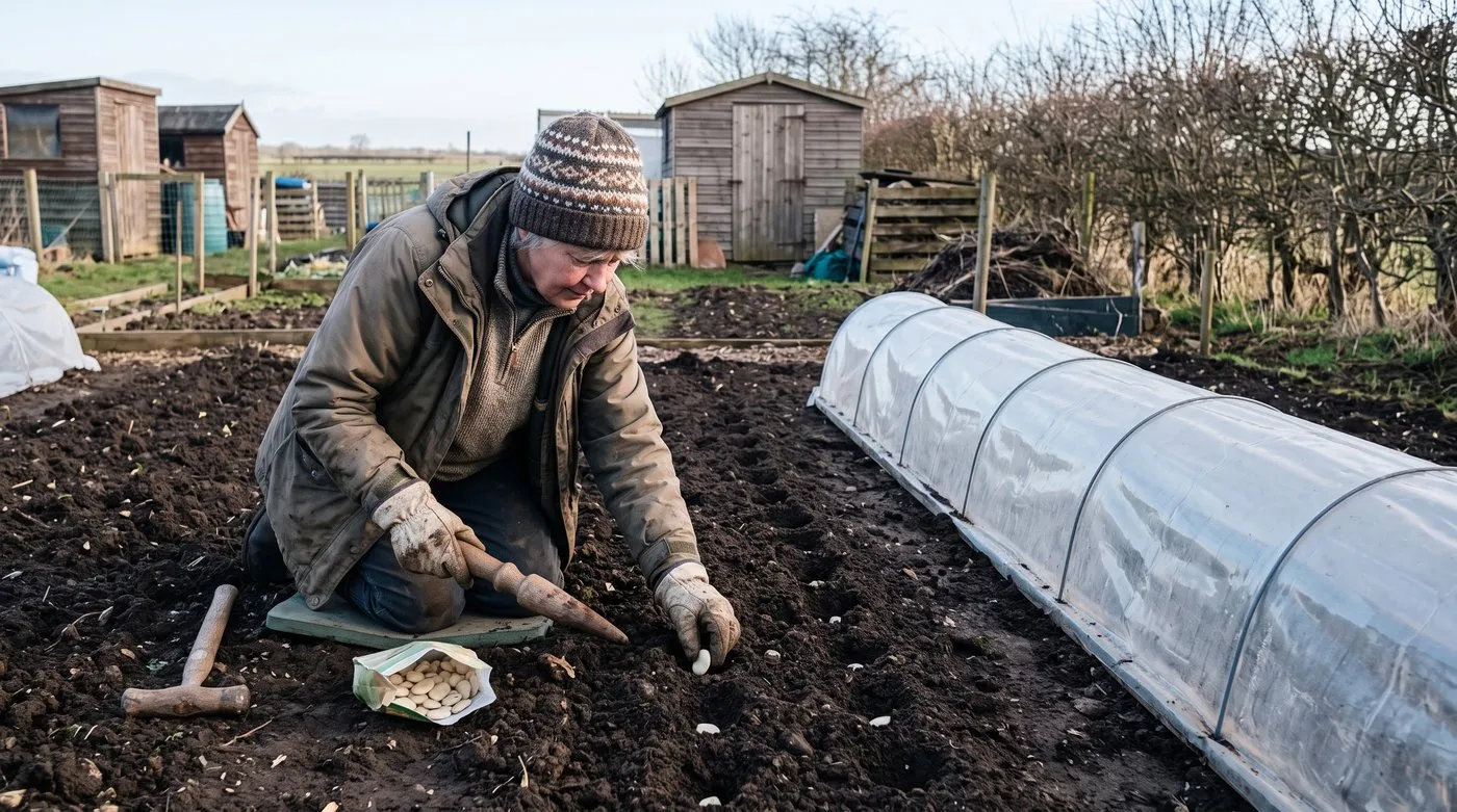 Woman sowing broad bean seeds in a double row on an allotment with a cloche ready alongside
