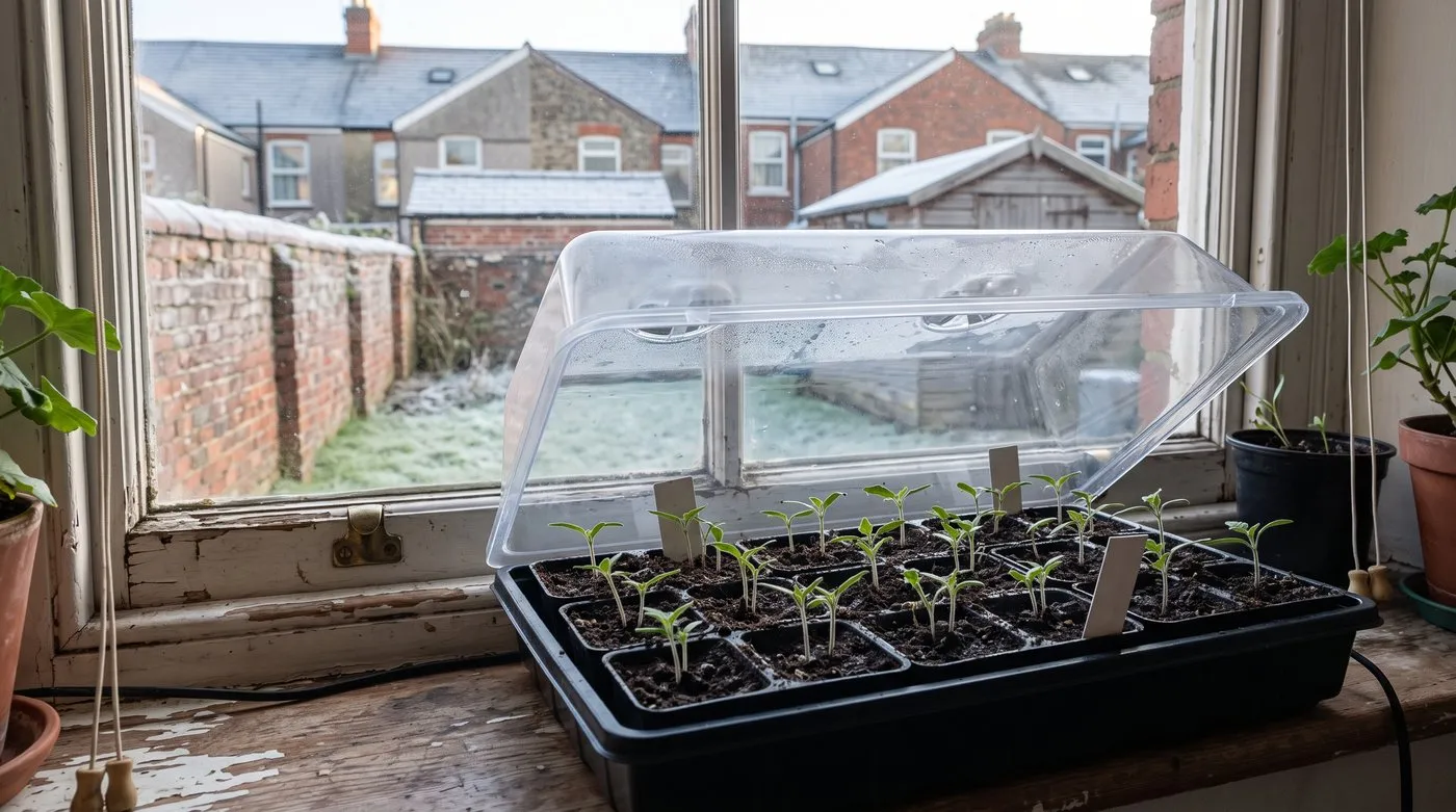 Young tomato seedlings in small pots in an open propagator on a February windowsill