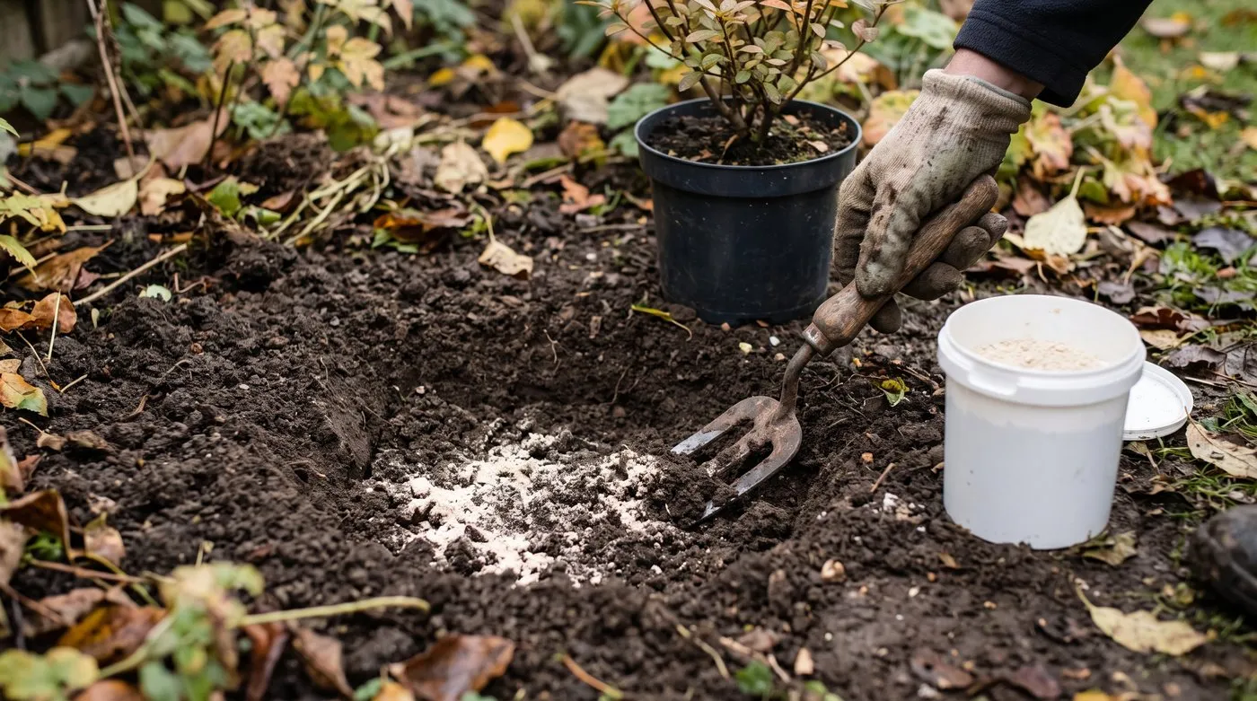 Bonemeal being mixed into the base of a planting hole before planting a young shrub