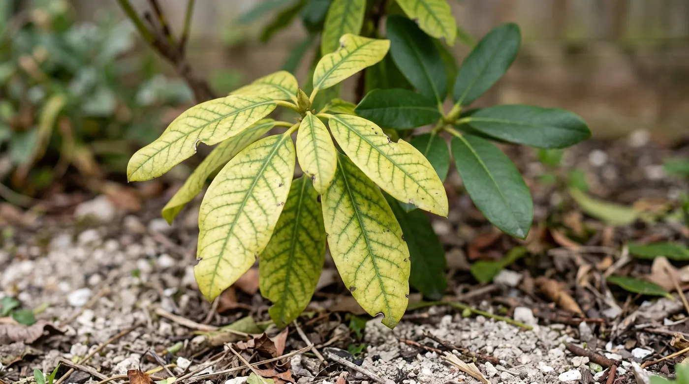 Rhododendron leaves turning yellow between green veins, a sign of feeding trouble on chalky soil