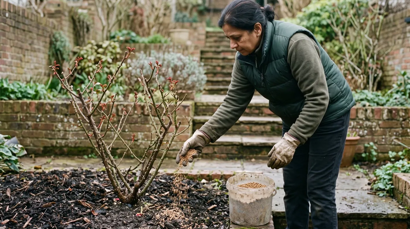 Gardener scattering granular feed around a pruned rose with fresh red new leaves in early spring