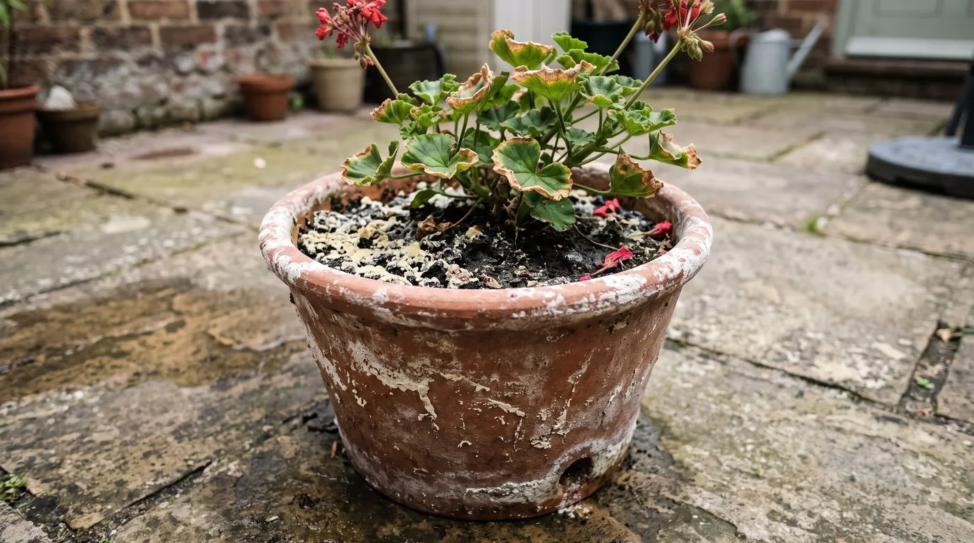 Terracotta pot with a white crust of built-up feed on the compost and a geranium with brown leaf tips