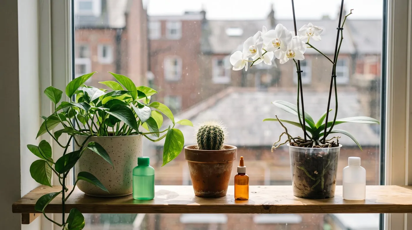 A pothos, a cactus and a moth orchid on a shelf, each with a small unlabelled feed bottle