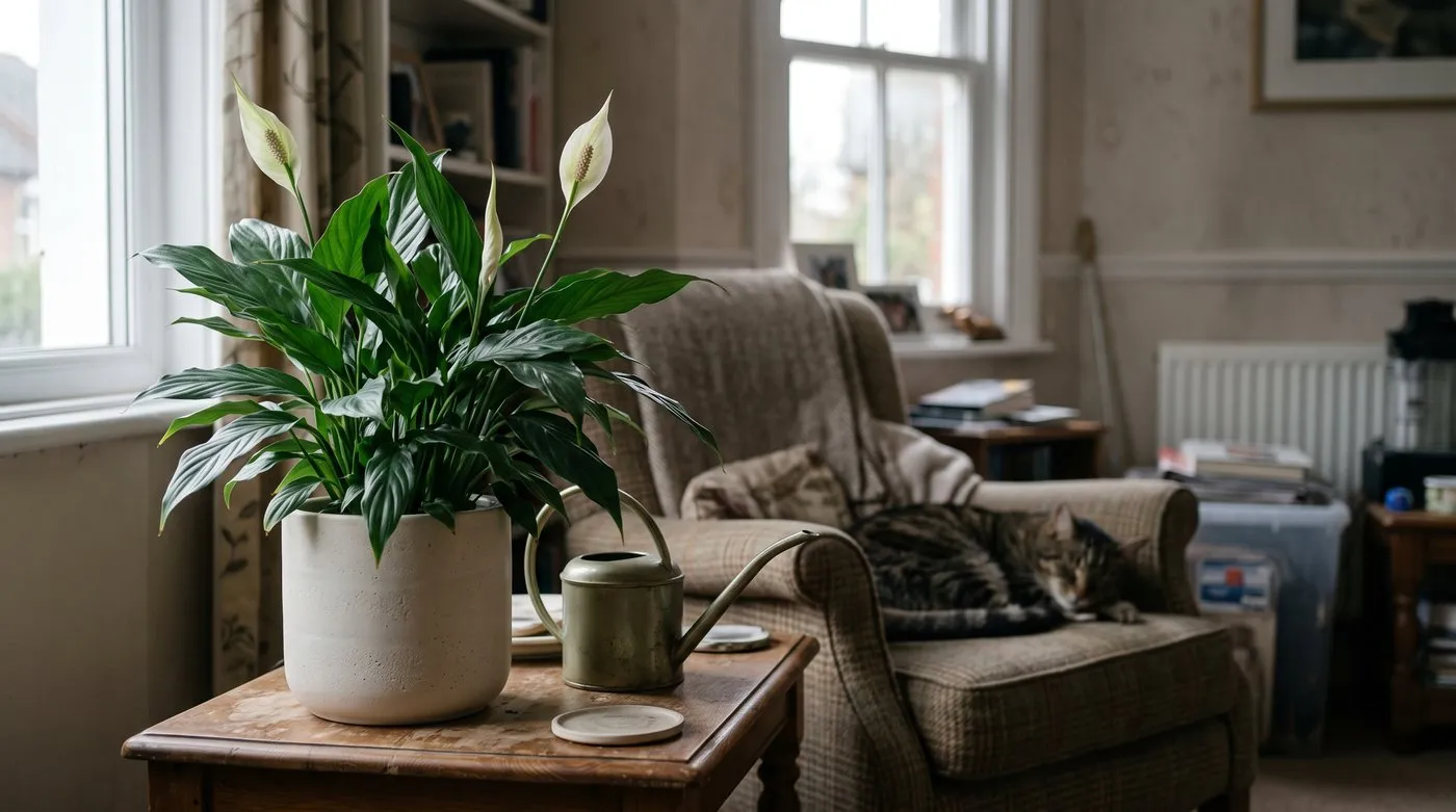 A peace lily with new white flowers opening on a side table, a cat asleep on a chair nearby