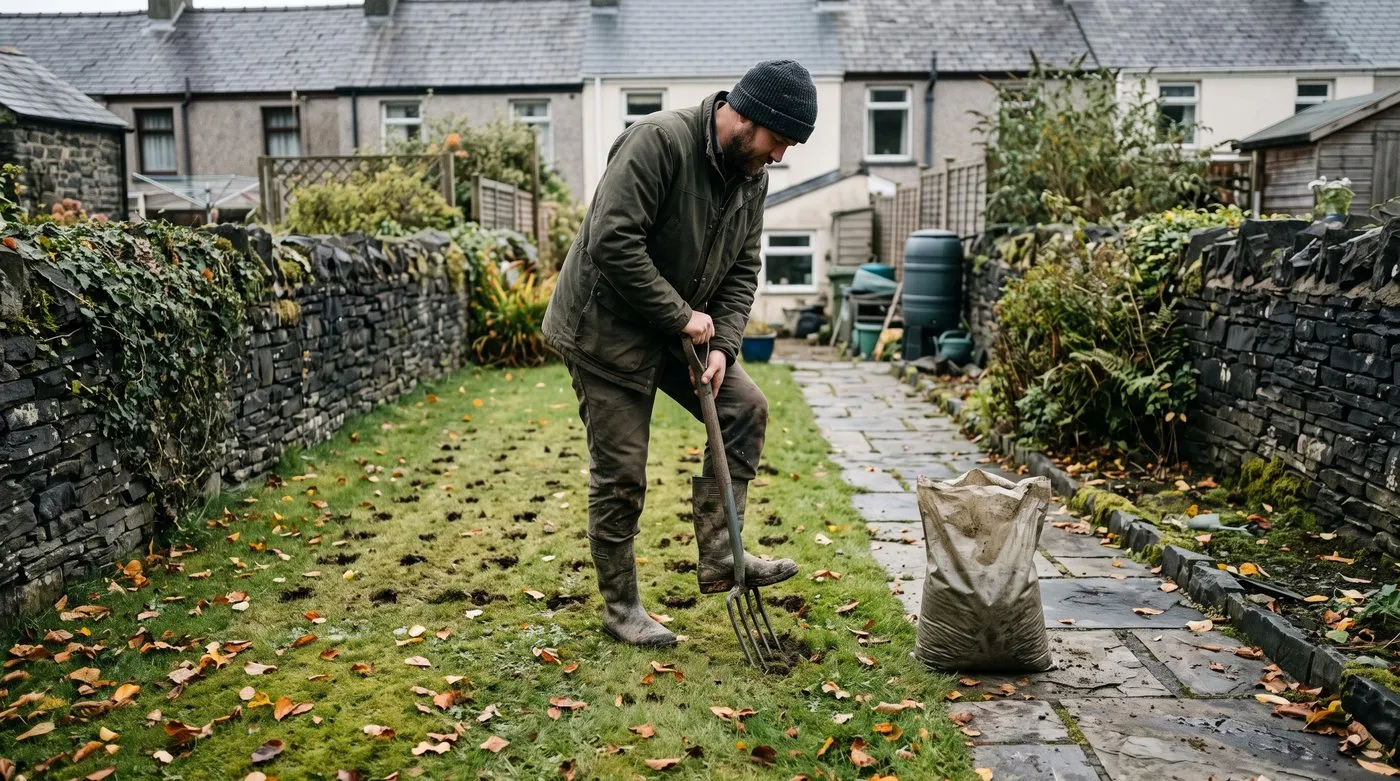 Spiking a compacted lawn with a garden fork in autumn before applying lawn feed