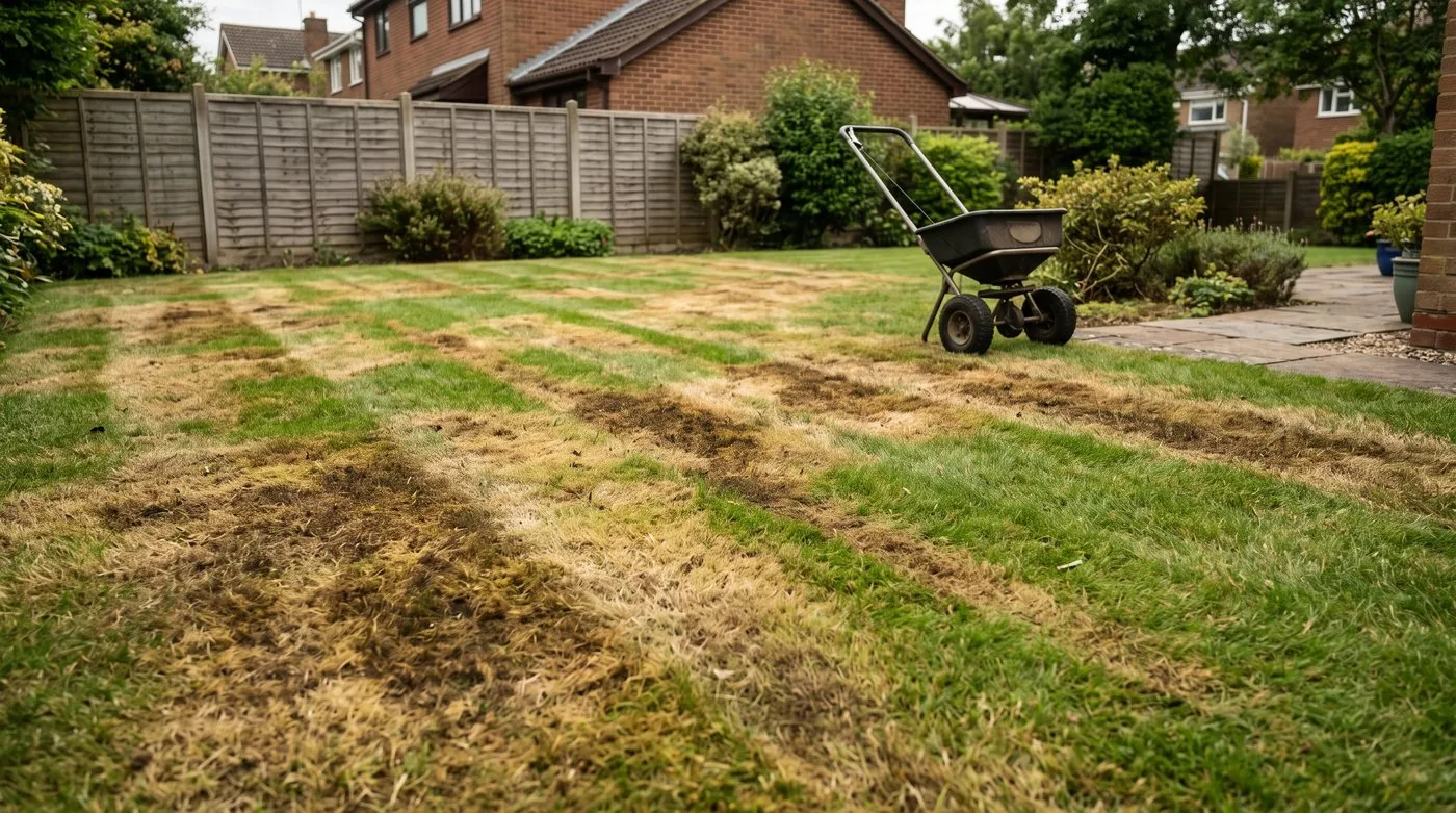 Lawn with brown scorched patches and stripes caused by applying too much lawn feed