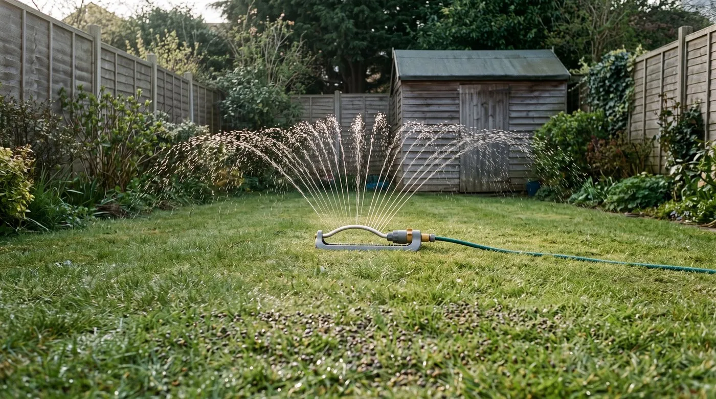 Sprinkler gently watering in granular lawn feed on a UK lawn in the early morning