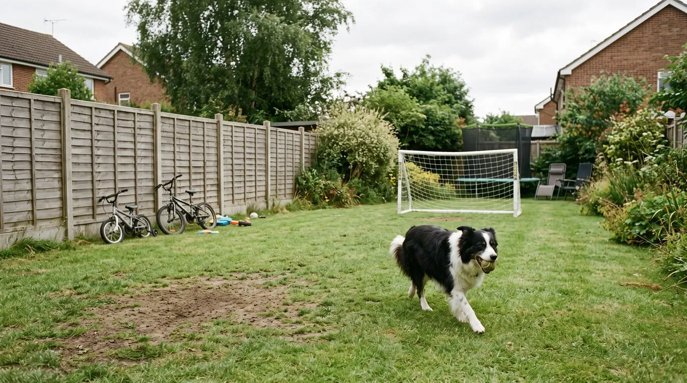 Hard-working family lawn with a border collie and a worn patch by a goal, a good candidate for a summer feed