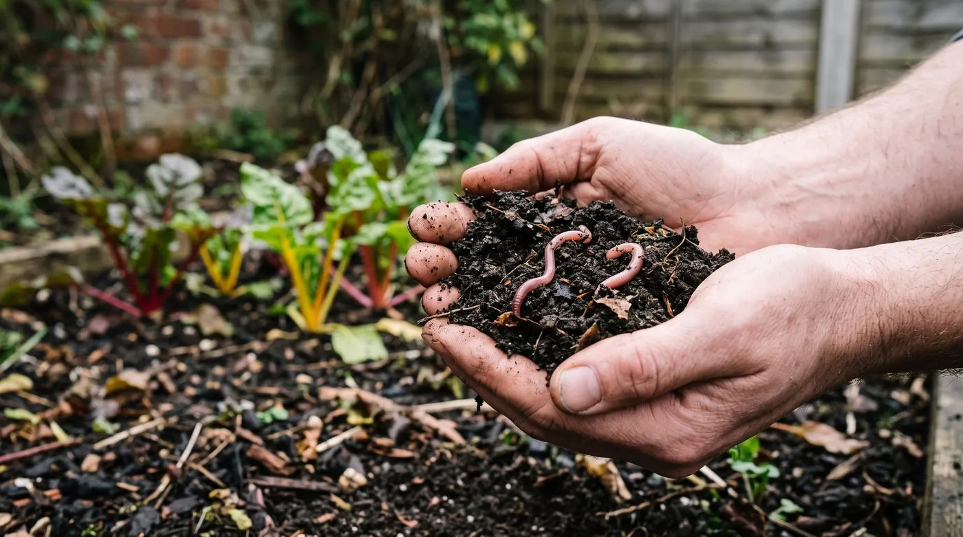 Cupped hands holding dark, crumbly soil with earthworms above a mulched vegetable bed