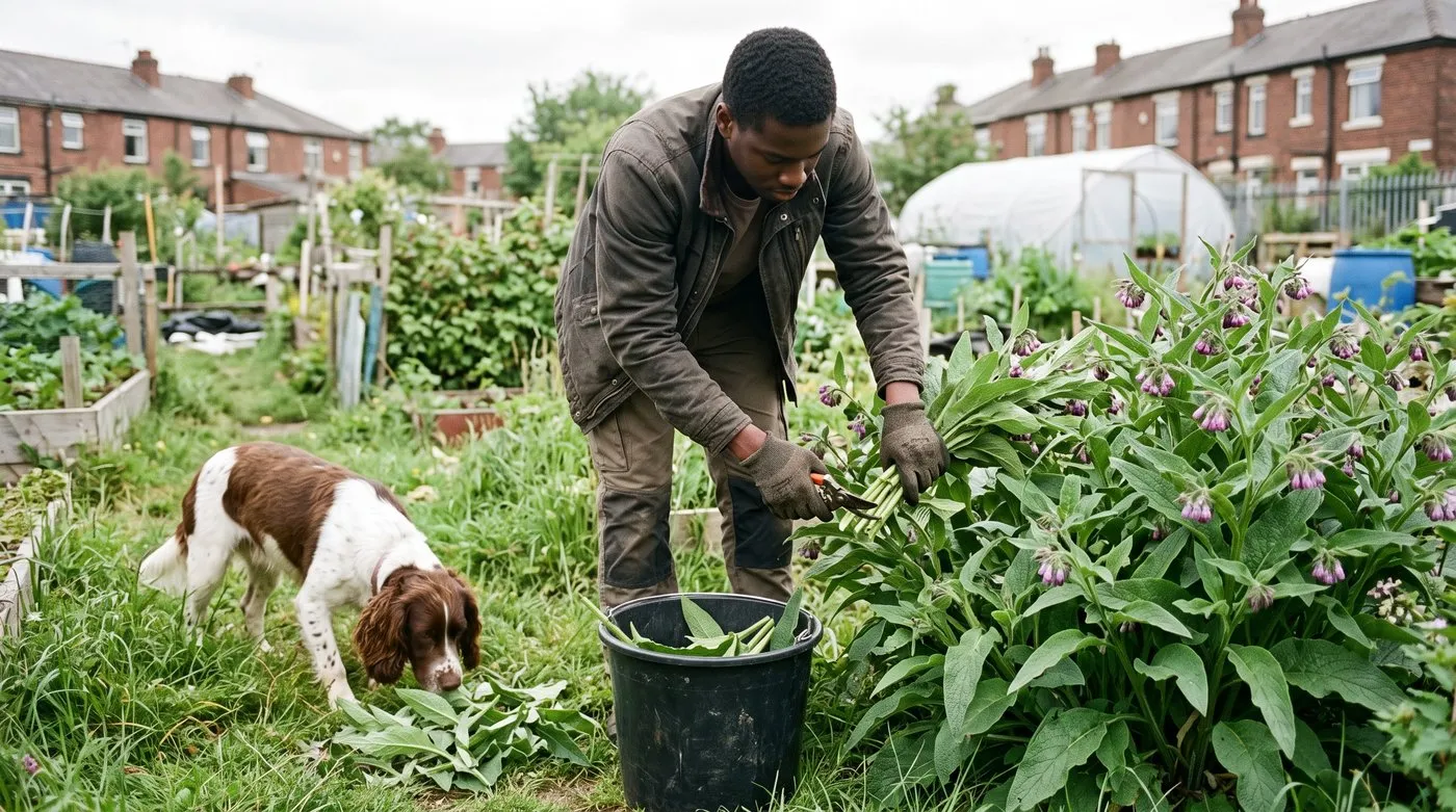 Gardener cutting comfrey leaves into a bucket to make liquid feed while a spaniel watches
