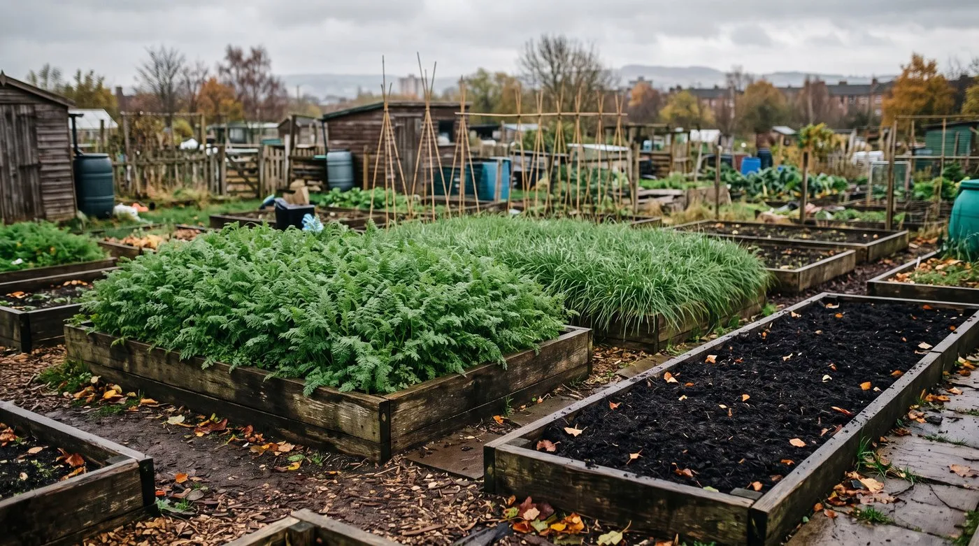 Allotment beds covered with young phacelia and grazing rye green manures in autumn