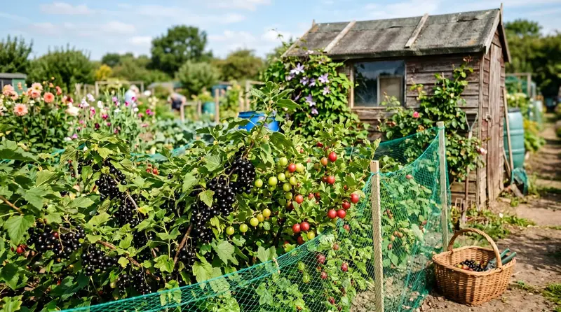 Heavily laden blackcurrant and gooseberry bushes ready to pick in a UK garden