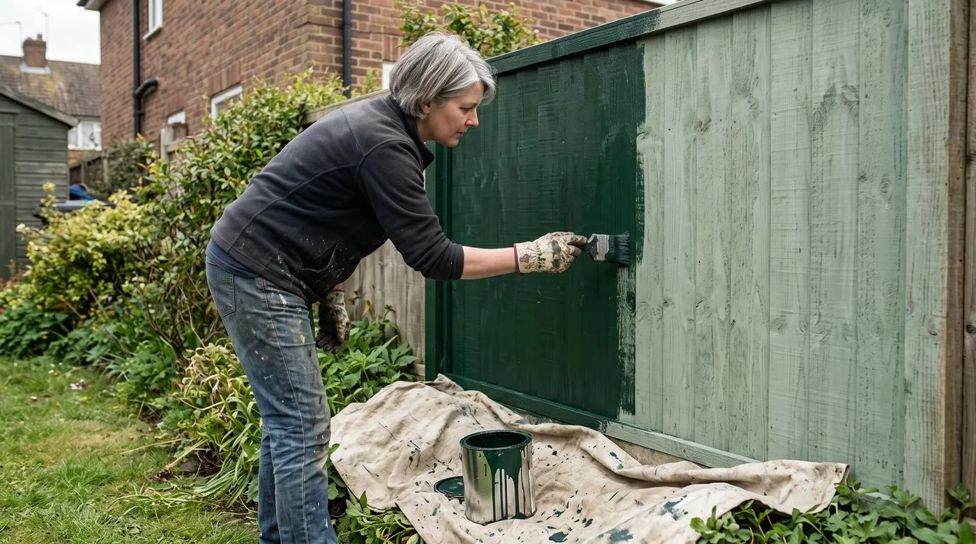 Woman brushing a second coat of deep green paint onto a rough sawn fence, with a dust sheet over the plants below
