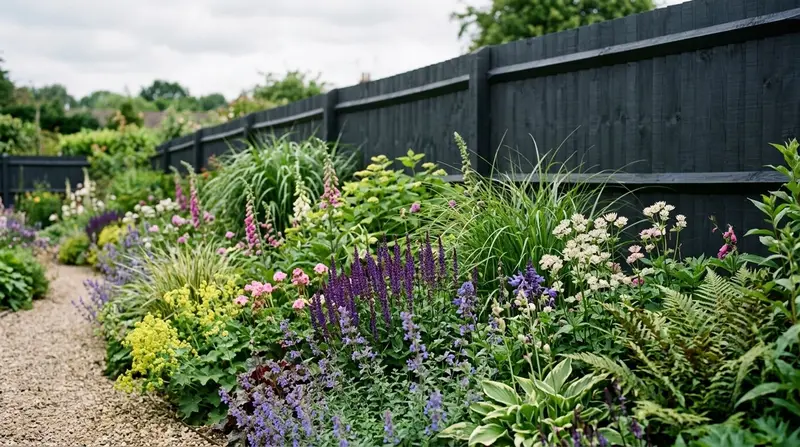 Charcoal-painted garden fence with green planting in front, in a suburban Surrey garden