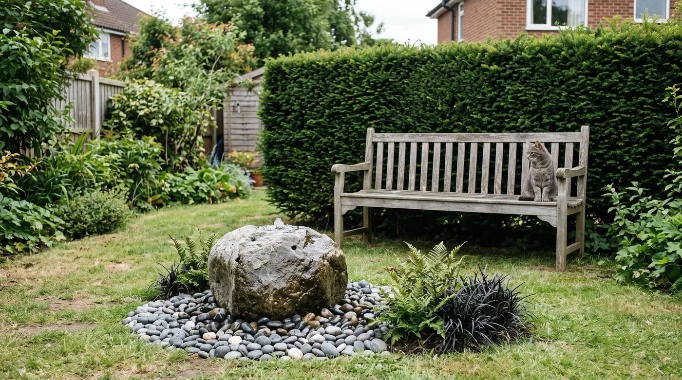 Wooden bench against a clipped yew hedge with a bubbling boulder water feature in front and a tabby cat on the bench