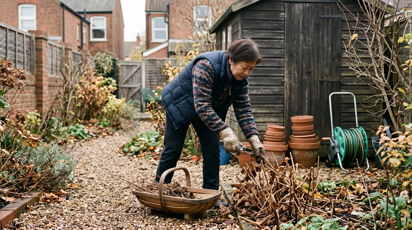 Woman cutting back dead perennial stems into a trug beside a cleared gravel path in an autumn back garden