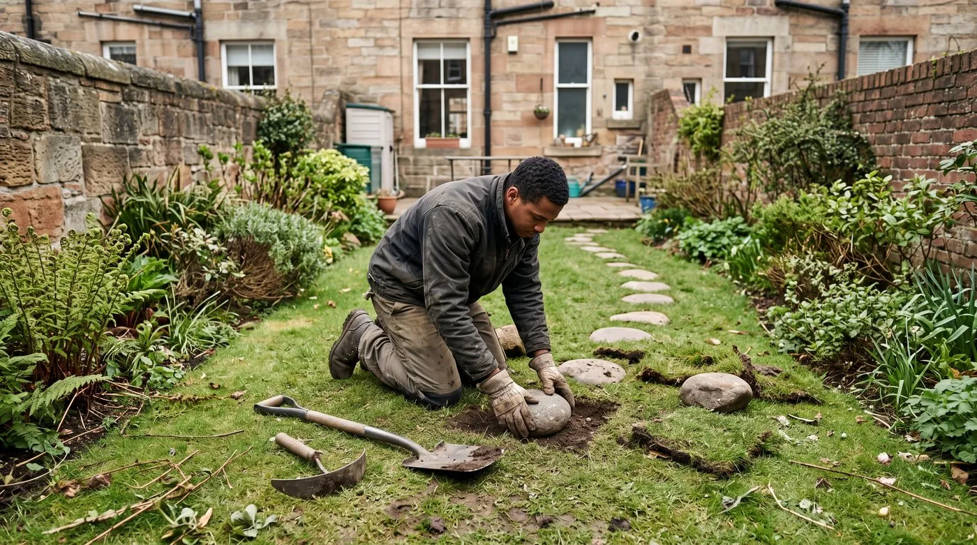 Young man setting round stepping stones into a lawn in a gentle S-curve in a small back garden