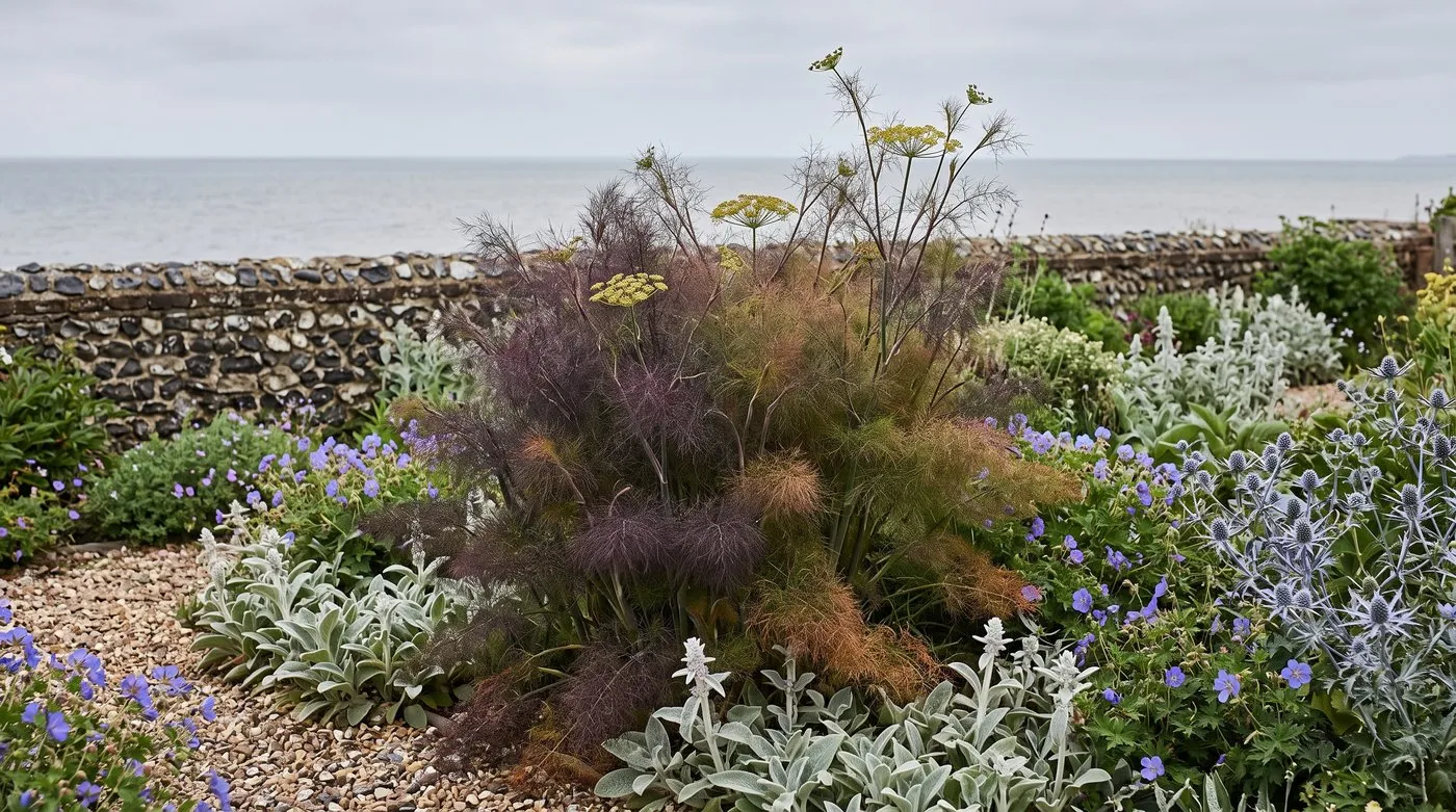 Bronze fennel with feathery purple-bronze leaves among silver plants and blue geraniums in a seaside border