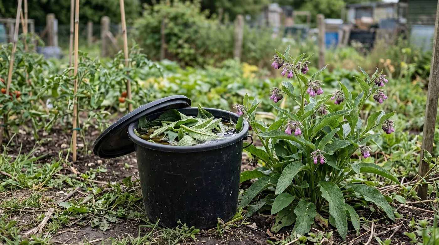 Comfrey leaves soaking in a bucket to make free liquid fertiliser beside a flowering comfrey plant