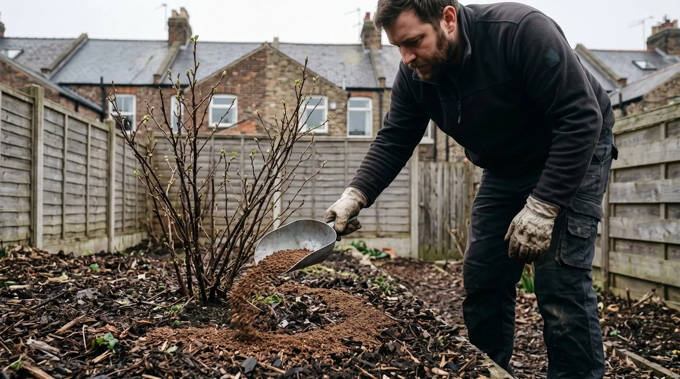 Gardener scattering fertiliser around a blackcurrant bush out to the edge of its branches in March