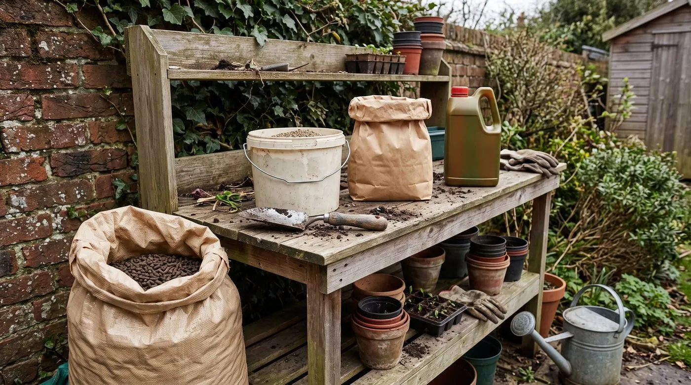 Organic and general-purpose fertilisers laid out on a potting bench