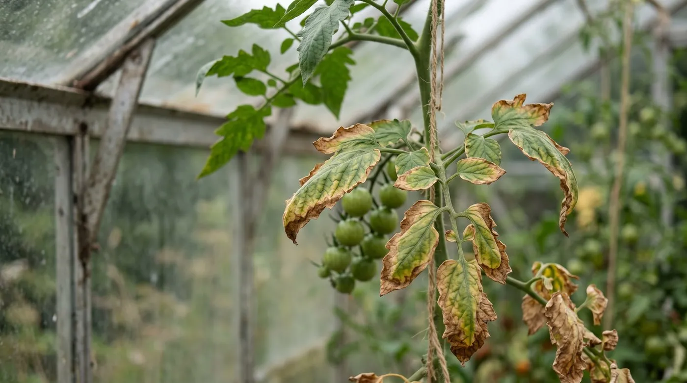 Older tomato leaves with brown crispy edges, a sign the plant needs a potash-rich fertiliser