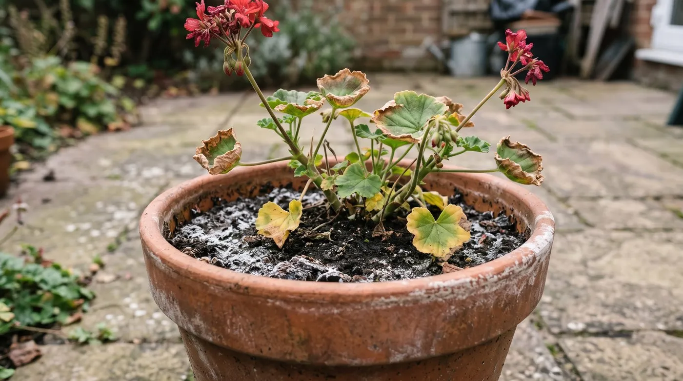 White salt crust on compost and brown leaf edges in a patio pot from too much fertiliser