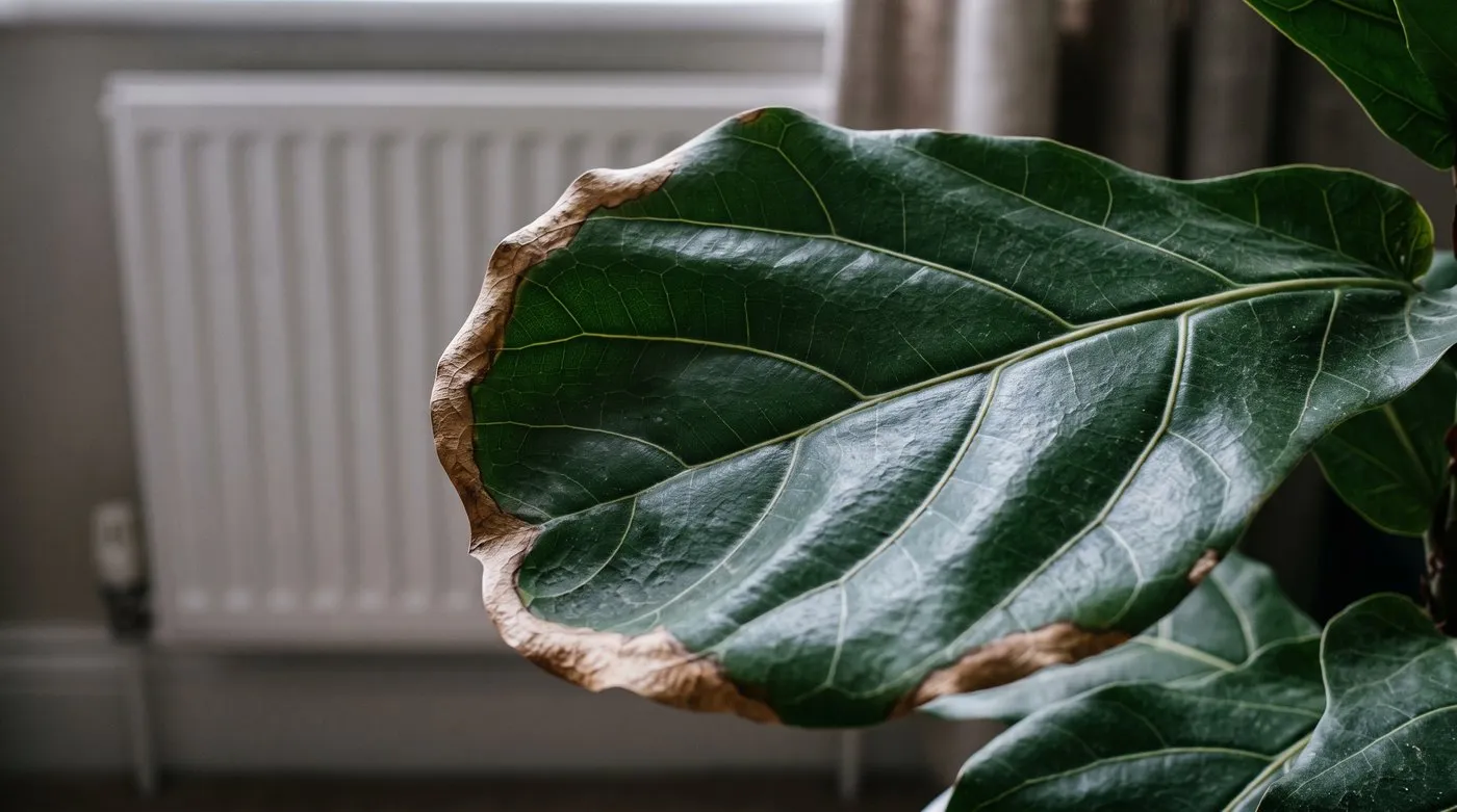 Fiddle-leaf fig leaf with dry, crispy brown edges caused by dry centrally heated air