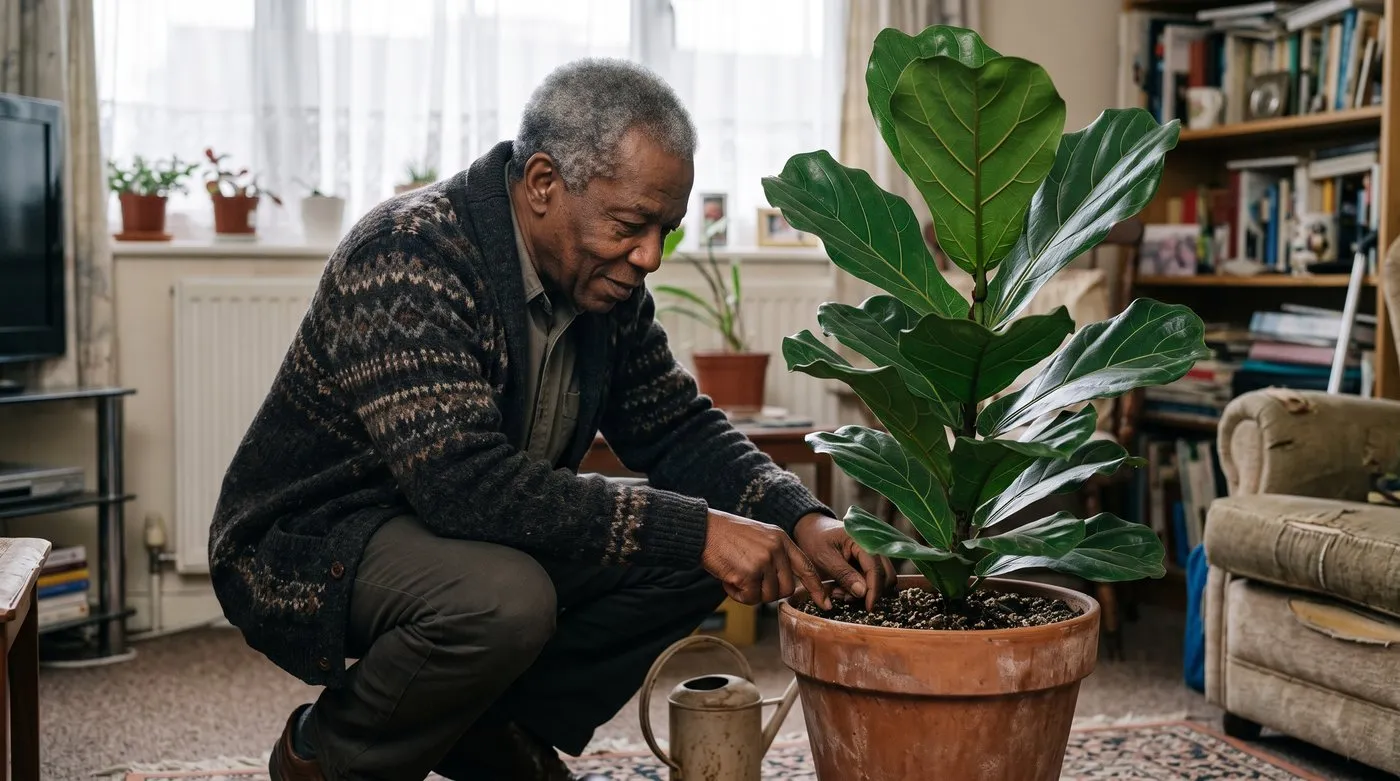 Older man checking the compost of a fiddle-leaf fig with his finger before watering
