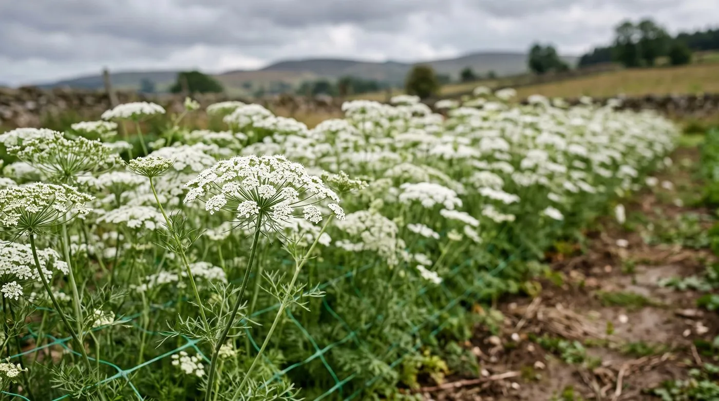 Rows of lacy white Ammi majus flower heads growing in a cutting bed with a Scottish Borders hillside behind