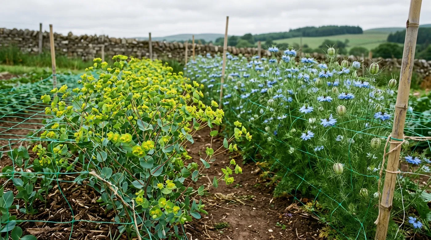 A Scottish Borders cutting bed with mixed rows of Bupleurum and Nigella flowering behind support netting