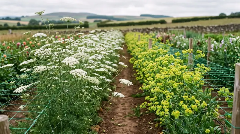Filler flowers in a UK cutting garden, lacy white Ammi majus and lime Bupleurum growing in rows on a Scottish Borders plot