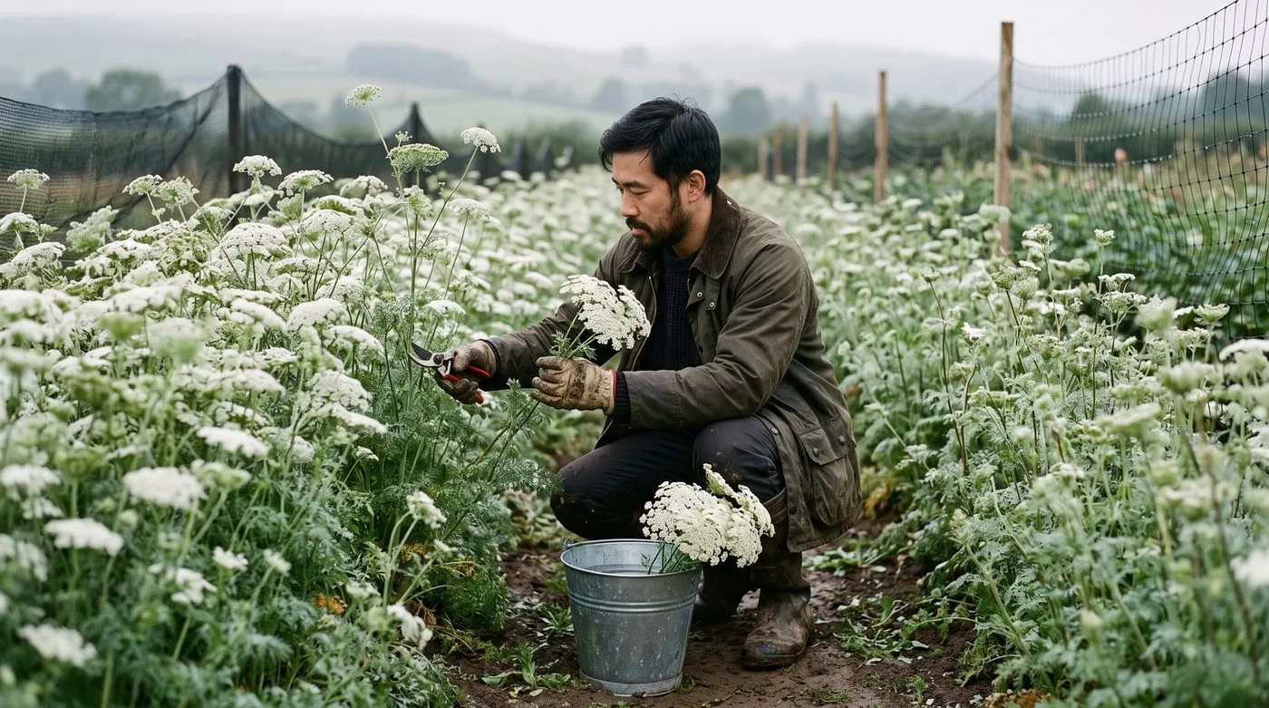 An East Asian British man in his 30s cutting filler flower stems into a bucket of water in a cutting garden