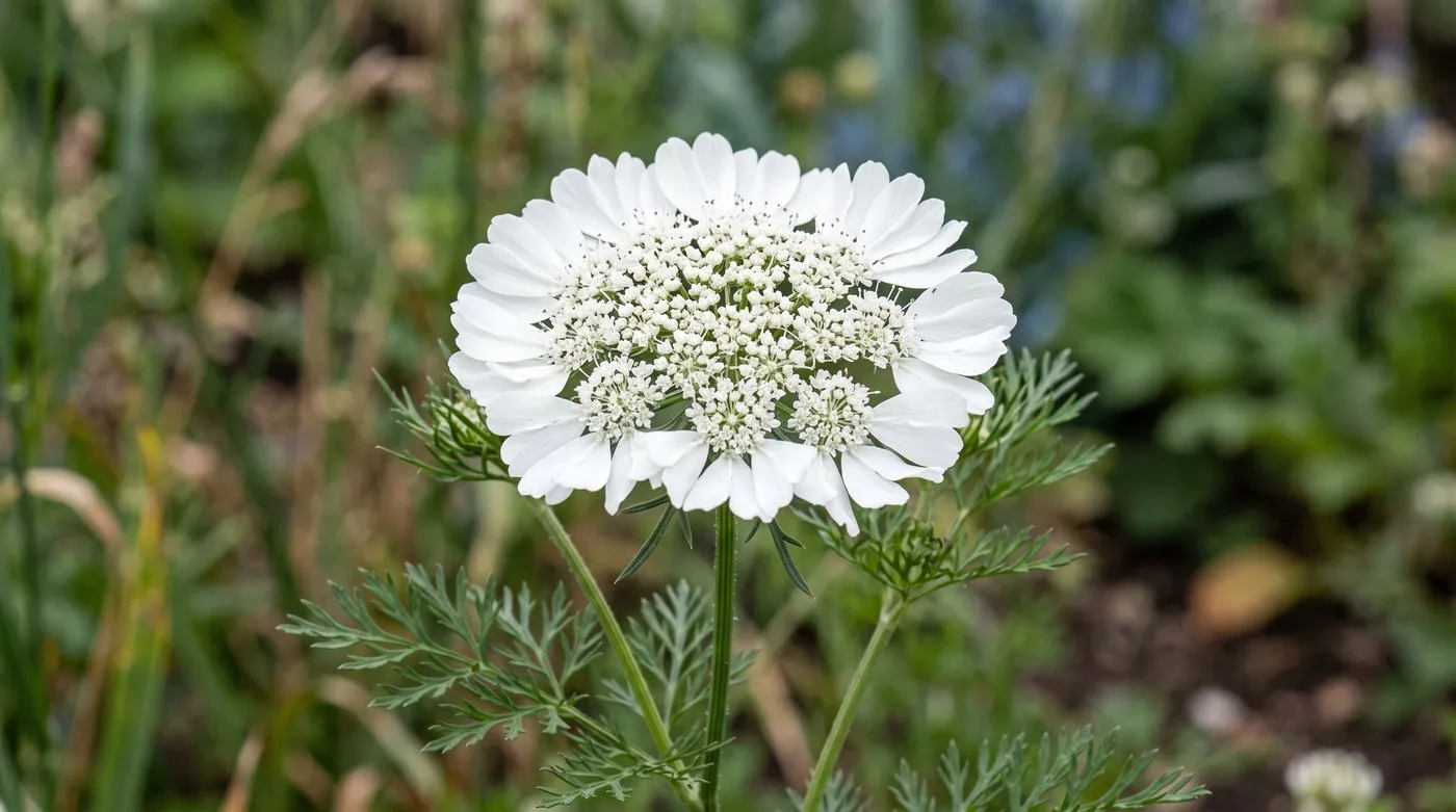 Close-up of an Orlaya grandiflora flower head showing the enlarged scalloped outer petals around a lacy white centre