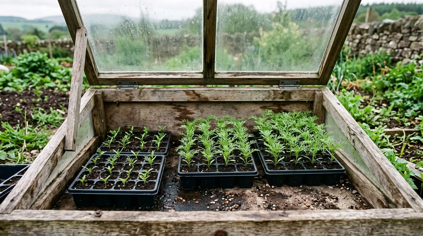 Modules of young filler flower seedlings in a cold frame ready for succession planting out