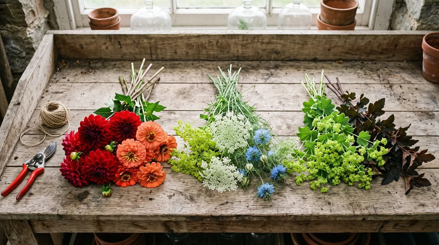 Three grouped bundles of cut stems showing focal flowers, filler flowers and foliage laid out side by side on a bench