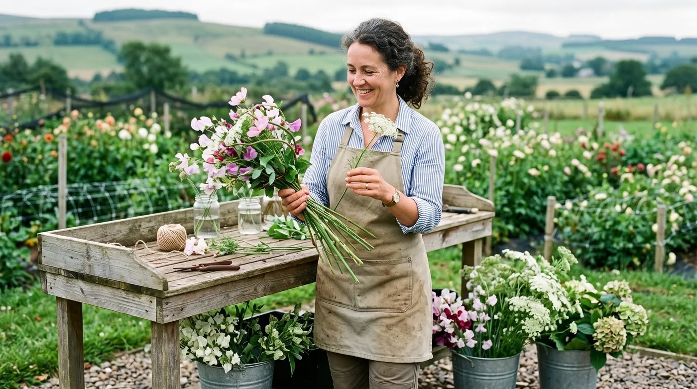 A white British woman in her 40s building a hand-tied bunch of garden flowers at an outdoor potting bench