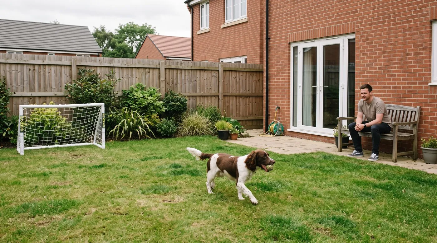 Family back garden with a tough lawn, small goal net, sturdy border plants and a spaniel running with a ball
