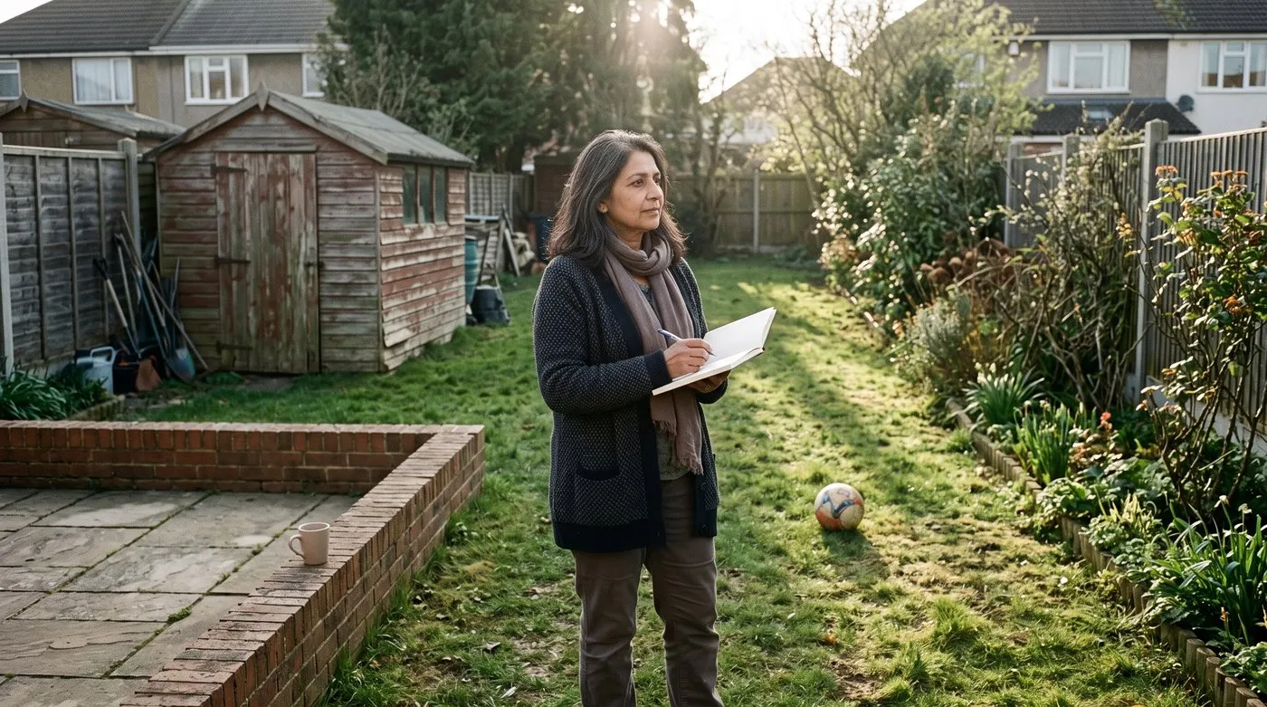 Woman writing notes in a notebook on the lawn of a suburban back garden, with a patio, shed and football