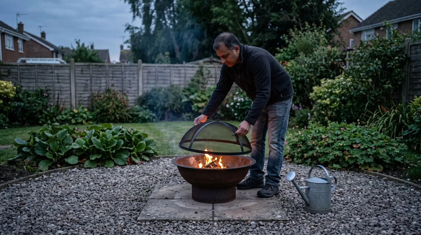 Man fitting a mesh spark guard over a lit fire bowl on paving in a wide gravel circle, with a watering can nearby