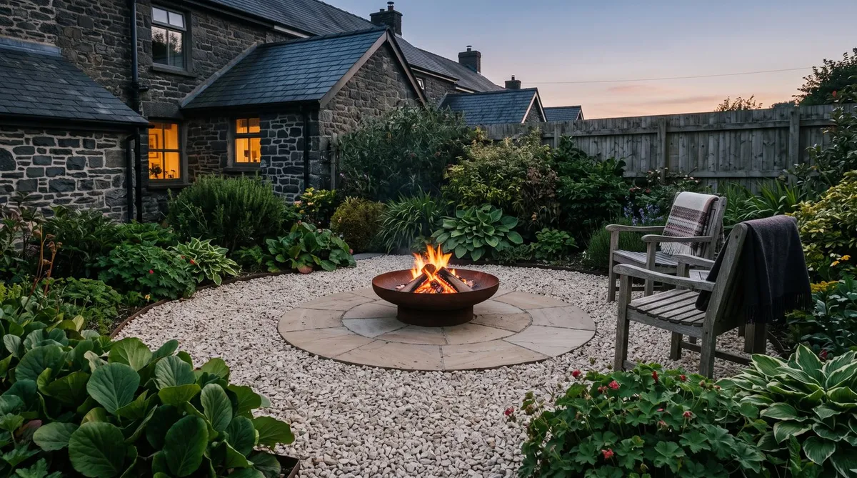 Lit fire bowl on paving in a wide ring of bare gravel, with low bergenia and hostas set well back