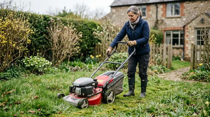 A UK back garden lawn in early March showing the gardener about to make the first cut of the year with a rotary mower set to