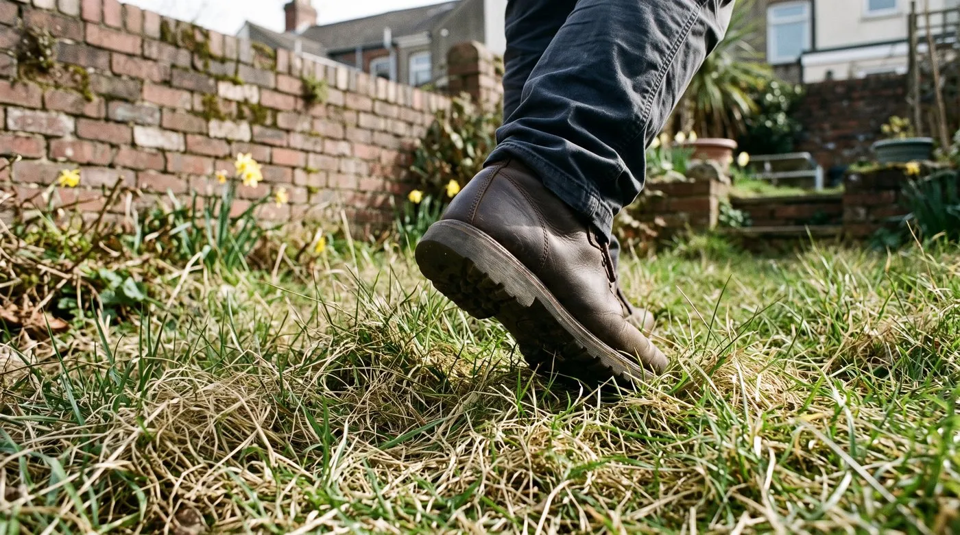 Booted foot on a dry spring lawn with grass springing back and no soft footprint
